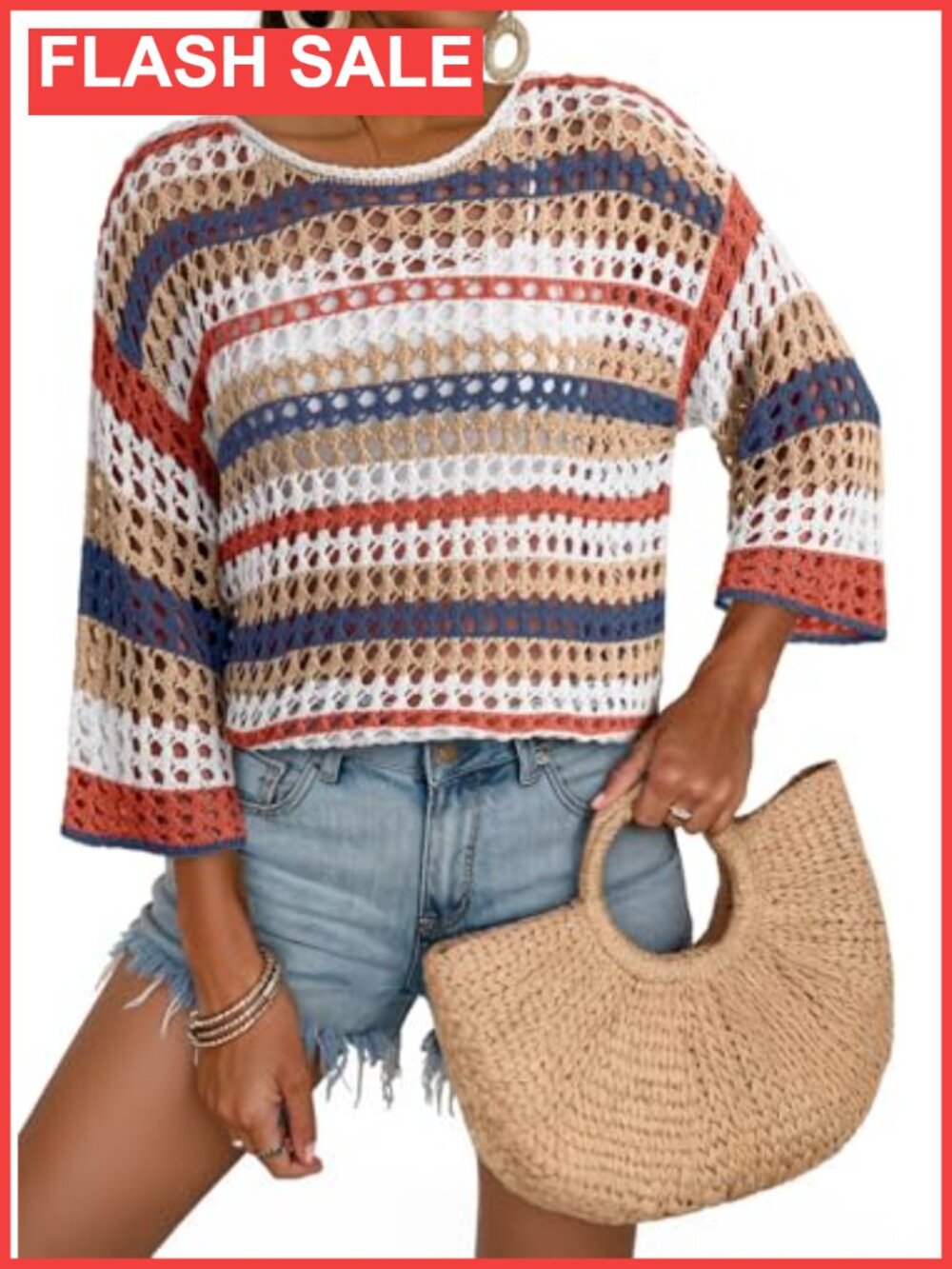 Womens 3/4 Sleeve Crochet Sweater Hollow Out Color Block Oversized Pullover